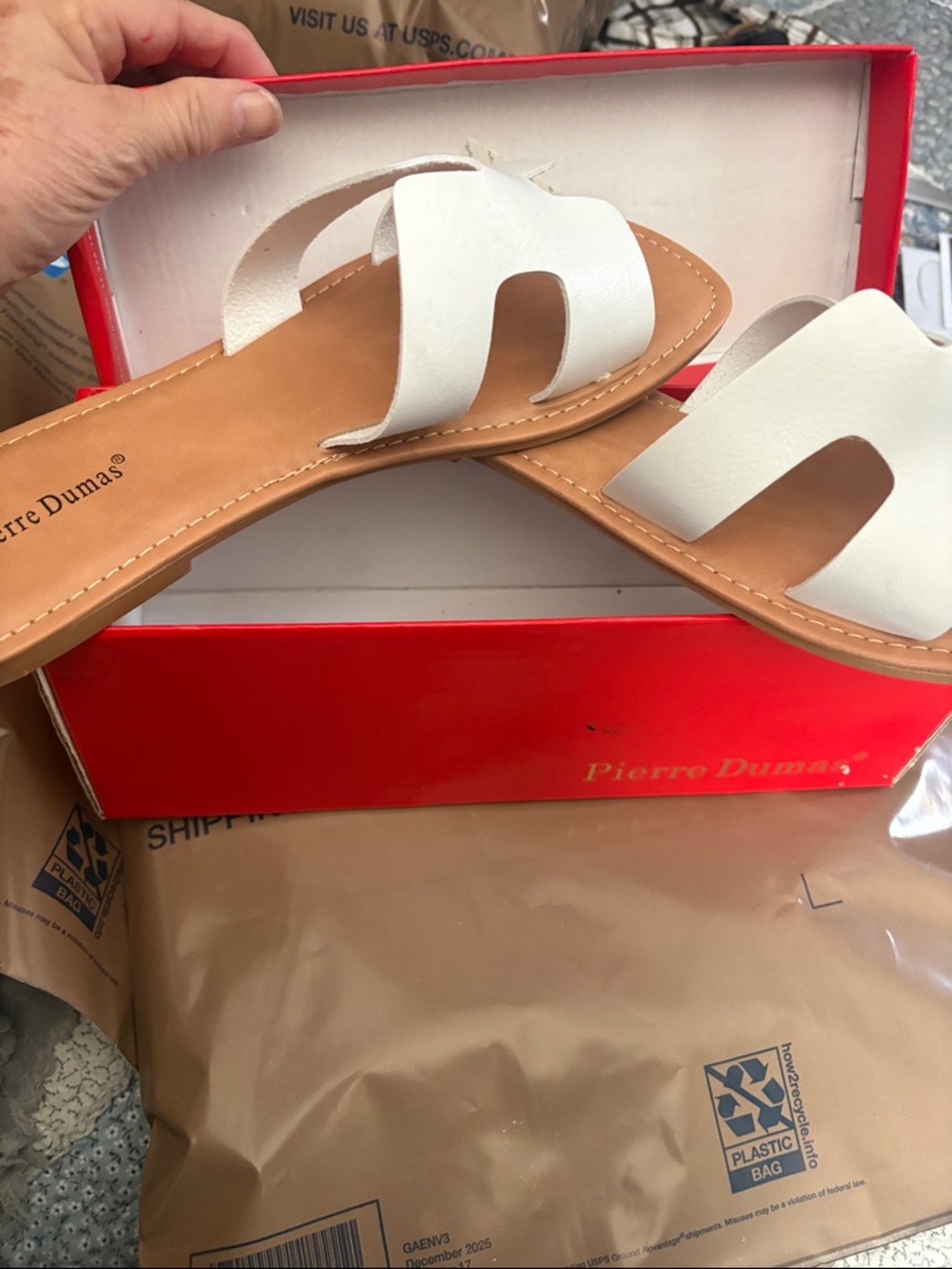 Pierre Dumas White Slip-On Slide Sandals with Tan Footbed